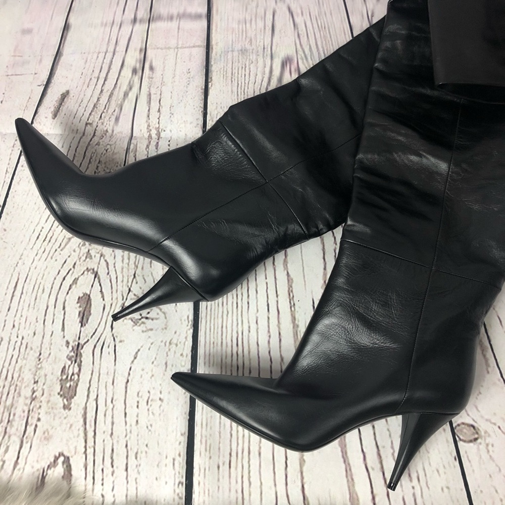 Saint Laurent Tall Slouch Leather Boots Black Knee High YSL 37 - Picture 7 of 16